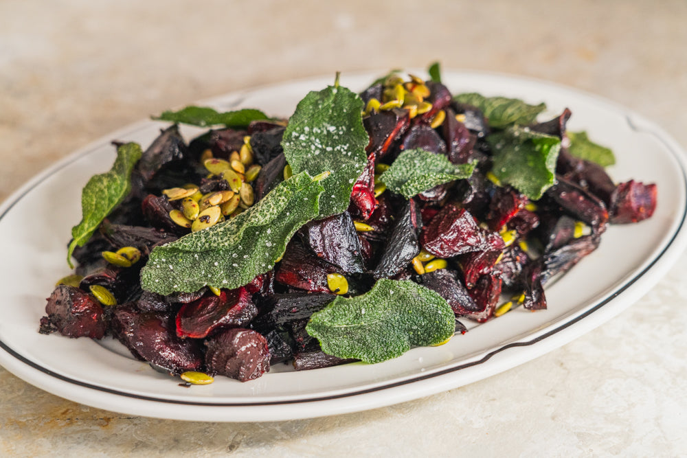 Roasted root vegetables with hot honey, pumpkin seeds &amp; sage
&ndash; Andy Cooks