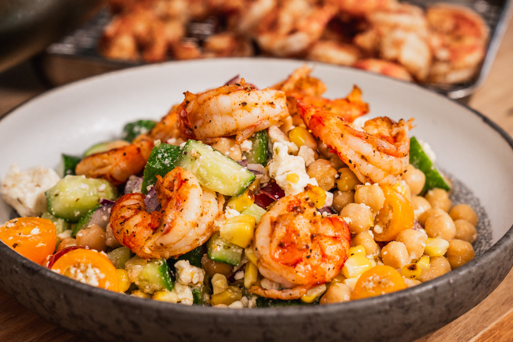 Andy Cooks - Chickpea salad with grilled prawns