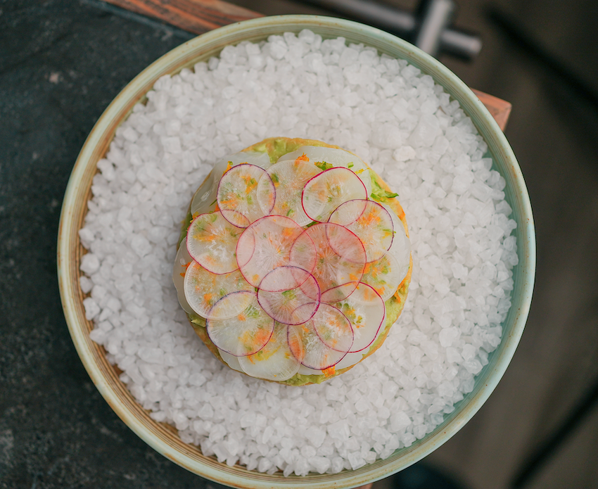 Scallop tostada with avocado and mandarin kosho
