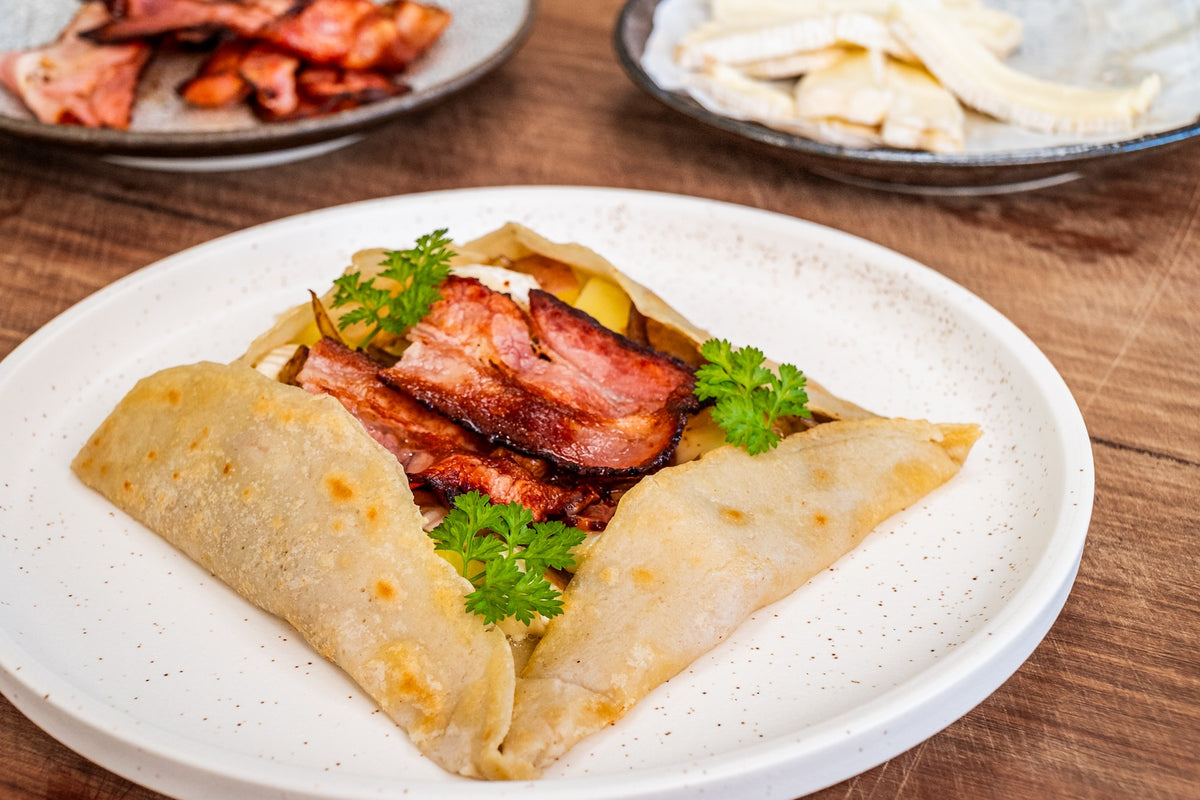 Cheese, onion and bacon galette