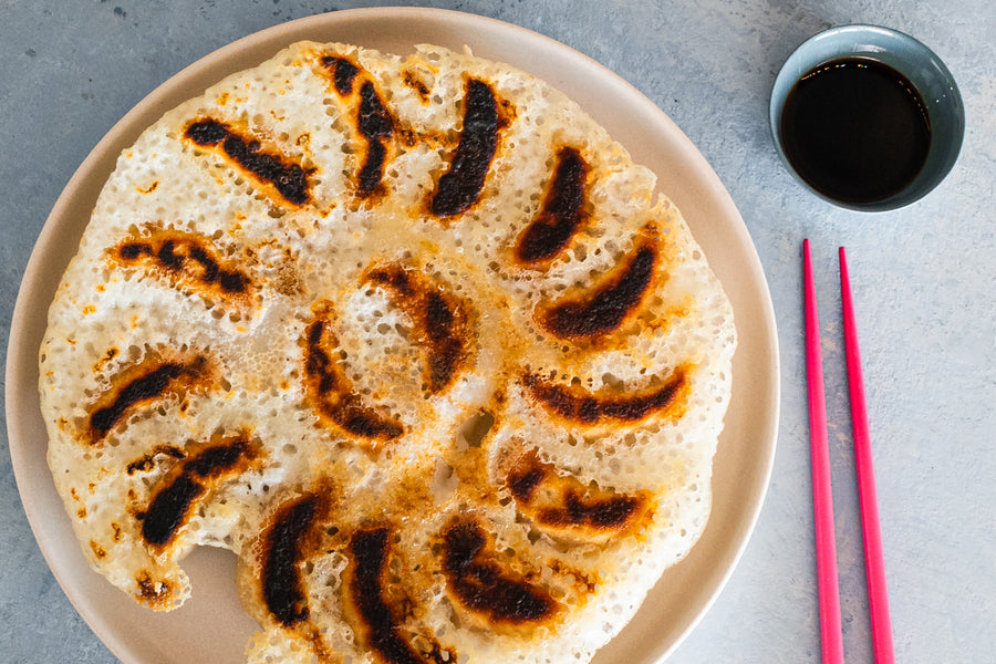 Gyozas de mújol con kosho de mandarina